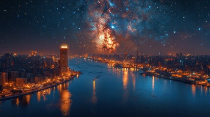 Night Cityscape with Milky Way