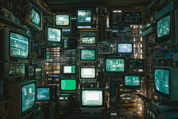 Fototapeta premium A dark room filled with dozens of retro green-screen CRT monitors stacked and glowing displaying different data giving a vintage tech aesthetic 