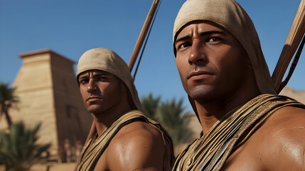 A pair of Egyptian medjay warriors standing guard in front of a temple, their spears crossed as they protect the sacred site. Symmetry and balance in a simple, historical setting.


