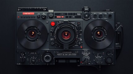 Futuristic retro stereo system with red glowing lights, knobs, and buttons.