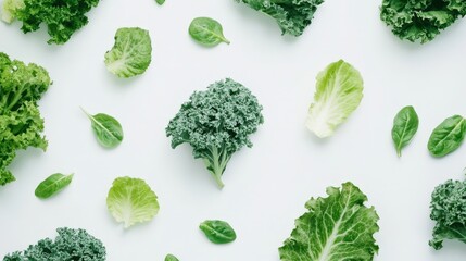 A selection of leafy green vegetables, including kale and lettuce, is scattered on a white background