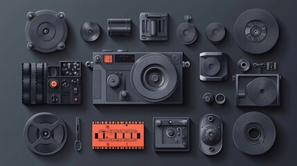 Obraz premium Flat lay of vintage camera parts on dark background.