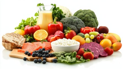 A selection of vibrant fruits, vegetables, grains, proteins, and dairy is displayed on a transparent white background