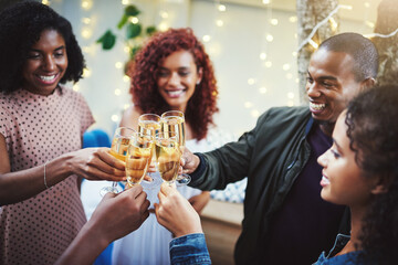 Happy, group and friends with champagne toast of social reunion, event success and New Years celebration. People, cheers and alcohol drink for congratulations, gathering bonding and party achievement