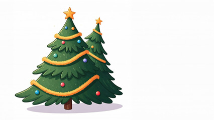 Minimalistische Weihnachtskarte mit zwei geschmückten Tannenbäumen, verziert mit Girlanden, Kugeln und Sternen, auf weißem Hintergrund mit großzügigem Textfreiraum. Schlicht und elegant. Generative KI
