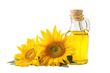 A bottle of oil sits next to two sunflowers. on transparent background.