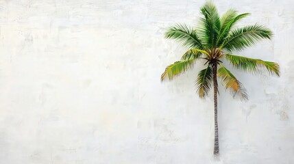 A single coconut tree is placed on a pristine white background, its vibrant green leaves and rough-textured trunk standing out against the clean space.