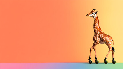 Fototapeta premium A minimalist giraffe wearing roller skates, gliding across a rainbow.