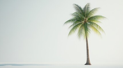 Obraz premium A single coconut tree stands tall on a white background, its long trunk and green fronds stretching out gracefully.