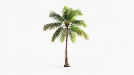 A single coconut tree stretches gracefully upward on a white background, its green fronds and slender trunk creating a striking contrast.