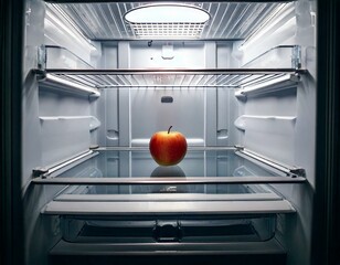 An empty fridge with a single apple