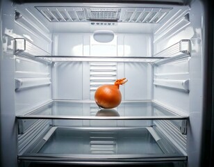 An empty fridge with a single onion