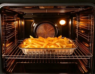 Inside an oven, cooking French fries chips