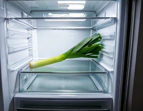 An empty fridge with a single leek on a shelf