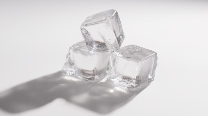 A small collection of ice cubes, perfectly clear and sharp, sits on a pristine white background.
