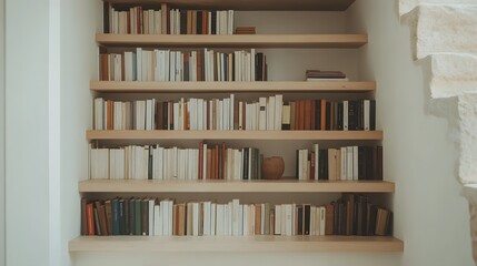 Built-in bookshelf under the stairs, combining functionality and style with neatly arranged books and decor, optimising space in a modern and creative way