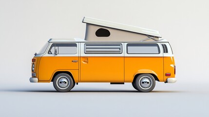 Orange vintage camper van with a pop-up roof.