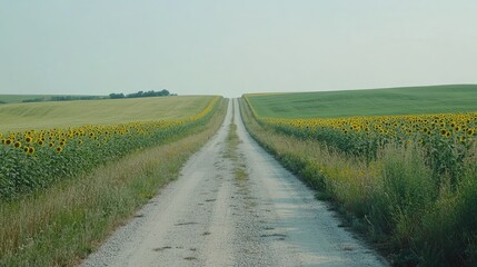 Fototapeta premium Scenic Rural Road Surrounded by Sunflowers