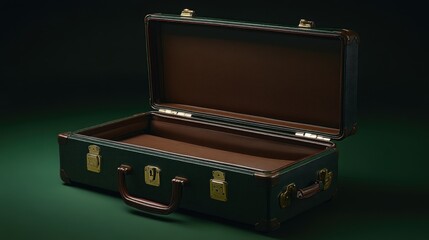 Open vintage suitcase on a dark green background