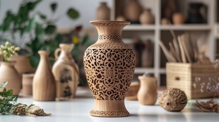 Elegant Wooden Vase with Intricate Carvings