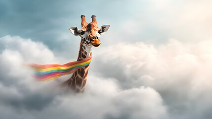 A floating giraffe with a rainbow scarf, drifting through the clouds.


