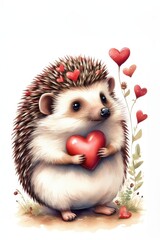 Ein niedlicher Igel, der ein rotes Herz hält, umgeben von zarten Blumen und schwebenden Herzchen. Liebevoll und charmant, ideal für Grußkarten zum Valentinstag. Generative KI.