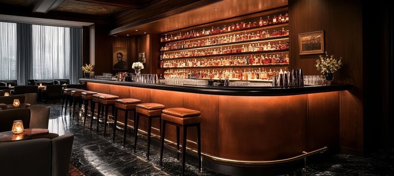 Elegant And Luxurious Interior Empty Bar Counter With Bar Stools And Spirits Bottles On Shelves