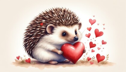 Ein niedlicher Igel, der ein rotes Herz hält, umgeben von zarten Blumen und schwebenden Herzchen. Liebevoll und charmant, ideal für Grußkarten zum Valentinstag. Generative KI.