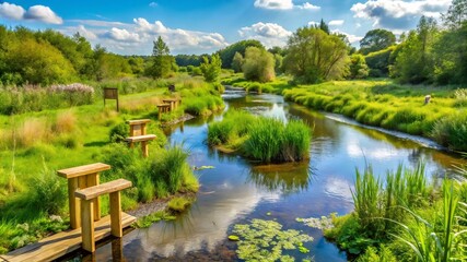 Fototapeta premium A nature reserve with wooden signs promoting wildlife protection, native plants flourishing, and a small creek flowing through a green landscape