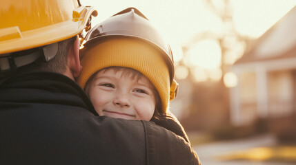 Firefighter and Child Embrace Outside Suburban Home