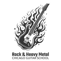 Electric guitar logo. Vector illustration of electric guitar on fire symbolizes the passion and energy of music, emotions and inspire. Guitar in flame represents the rebellious spirit of rock music.