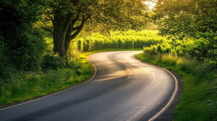 Fototapeta premium Serene Curved Road Through Lush Greenery