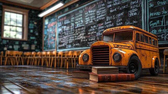 A vintage yellow school bus toy sits on a stack of books in a classroom.