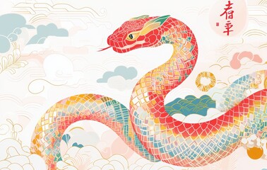 Obraz premium red lanterns, firecrackers, fireworks, auspicious clouds. 2025 Chinese New Year. Happy New Year 2025