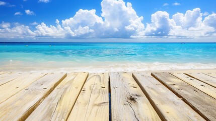 Fototapeta premium Calm sea horizon view from a weathered wooden platform, evoking tranquility