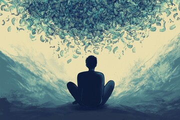 person surrounded by floating intrusive thoughts and words, visualizing anxiety and mental clutter, mental health concept, ADHD issues