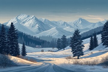 Obraz premium A tranquil winter landscape reveals majestic snow-capped mountains surrounded by towering evergreen trees, with a winding road leading through the serene snowy terrain at dusk. Generative AI