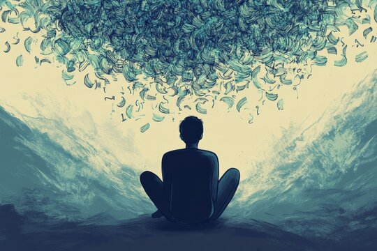 person surrounded by floating intrusive thoughts and words, visualizing anxiety and mental clutter, mental health concept, ADHD issues