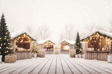 xmas beige brown card illustration - Scandinavian outdoor Christmas market with wooden stalls, white twinkle lights, and natural holiday decor
