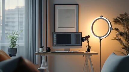 Modern Streaming Studio with Vibrant Lighting, Professional Equipment, and Natural Decor; Features Ring Light, Camera, Microphone for Content Creation and Video Production