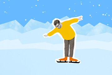 Creative drawing painting collage of guy exercise on freeze lake learn ice skating