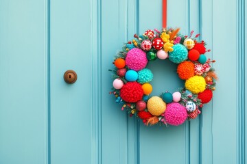 vibrant Christmas wreath made from colorful pom-poms, feathers, and quirky baubles, hanging on a vibrant door, minimal background with copy space