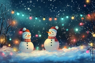 outdoor Christmas scene with eccentric snowmen, colorful lights, and quirky decorations, winter fun