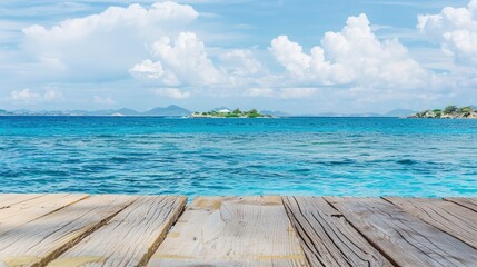 Fototapeta premium Calm sea horizon view from a weathered wooden platform, evoking tranquility