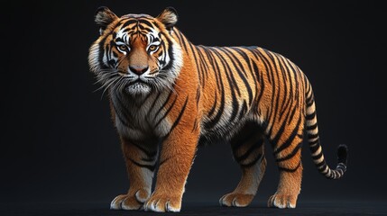 Obraz premium Studio lighting illuminates the muscular frame of a majestic tiger, whose intense gaze captivates viewers.
