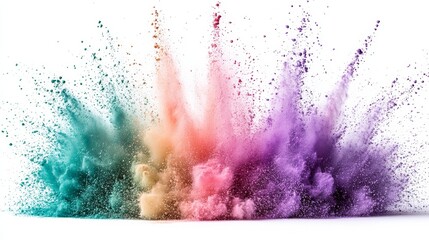 Fototapeta premium Against a white background, purple and green powder paint creates vibrant patterns and shapes