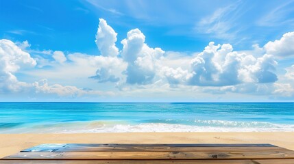 Fototapeta premium Calm sea horizon view from a weathered wooden platform, evoking tranquility