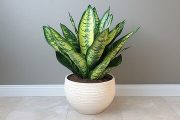 A healthy snake plant growing in a decorative white pot against a minimalist gray wall
