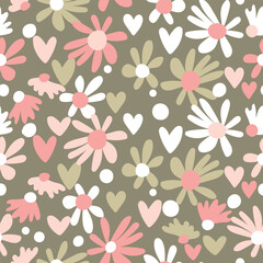 Seamless floral pattern based on traditional folk art ornaments. Colorful flowers on color background. Scandinavian style. Sweden nordic style. Vector illustration. Simple minimalistic pattern