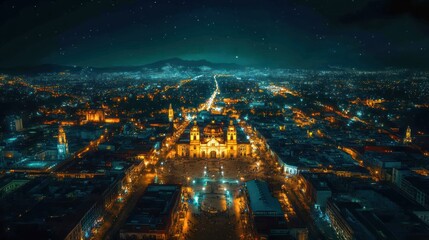 Obraz premium Nighttime Aerial View of City with Cathedral